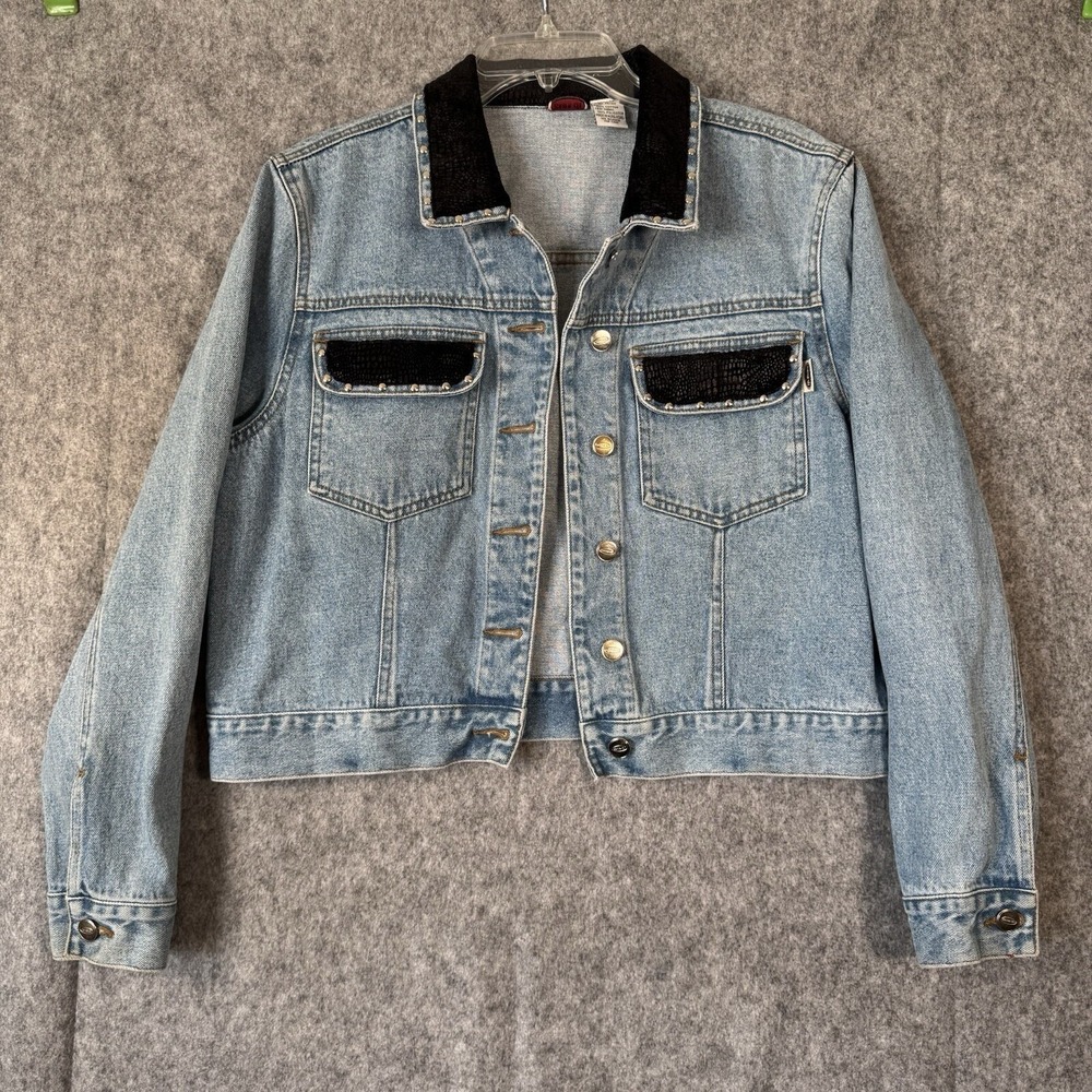 Vtg 90s Jean Jacket Womens Large Western Festival Embellished Studded Alligator